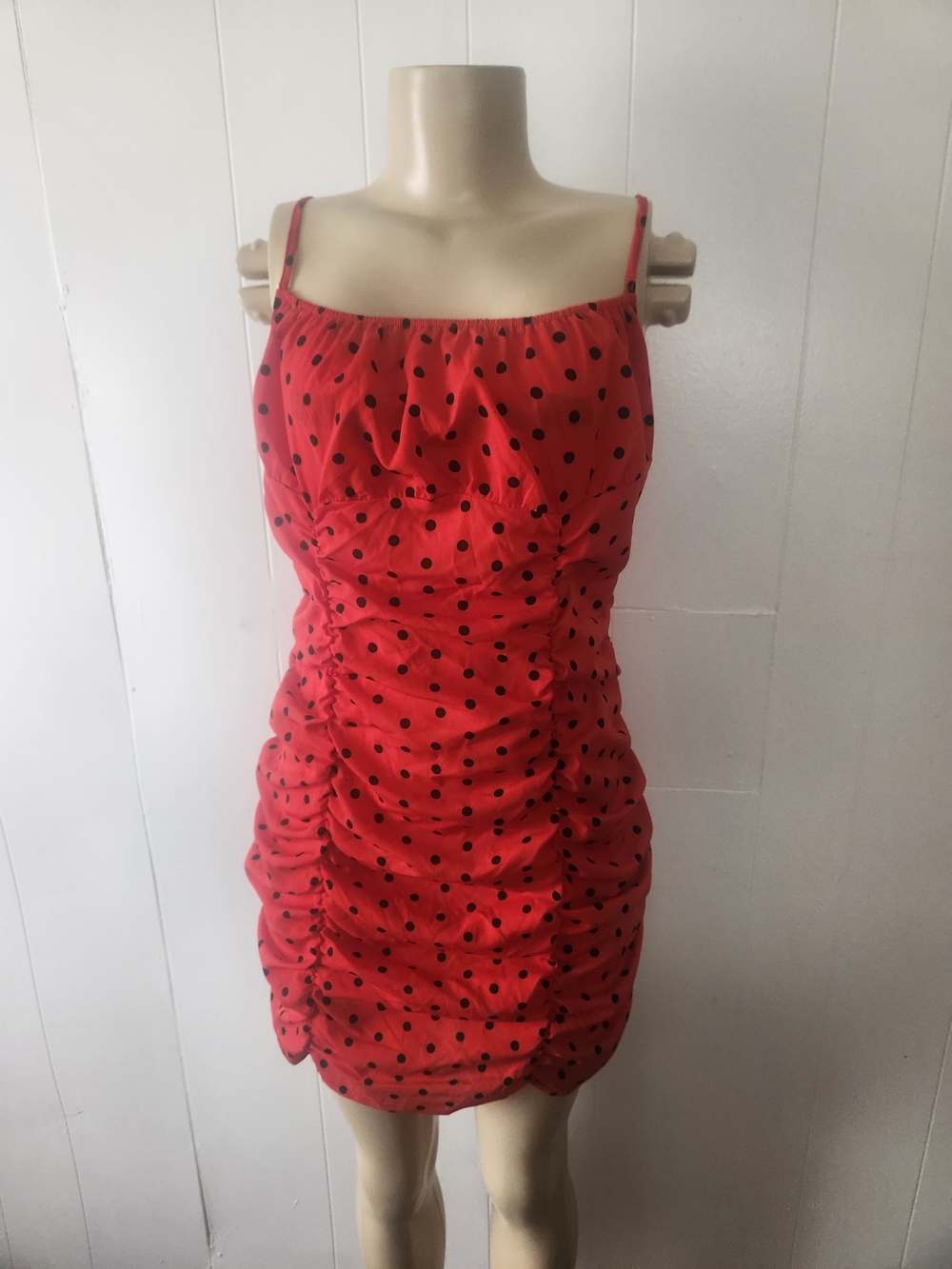 Red Polka Dot Ruched Mini Dress